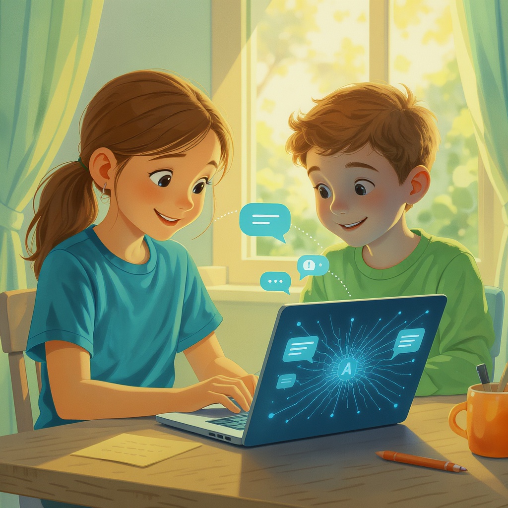Two homeschool kids working with AI on a laptop